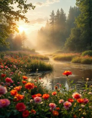 The primary subject of the image is a beautiful flower field with a river flowing through it. The setting is a serene, natural environment with trees in the background. The visual style is a photo, capturing the vibrant colors and details of the flowers and the surrounding landscape. The colors and mood of the image are lively and uplifting, with the vivid red flowers and the tranquil river creating a sense of peace and harmony.